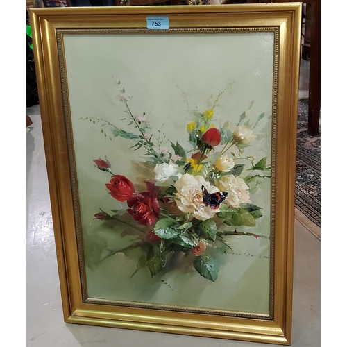 753 - Vernon Ward:  Bouquet of roses with butterfly, oil on board, signed, 52 x 37 cm, framed