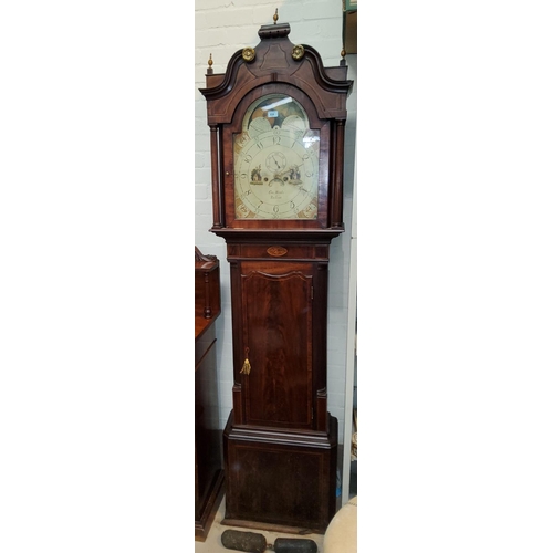 836 - A late 18th century longcase clock in figured mahogany case with boxwood line and Sheraton motif inl... 