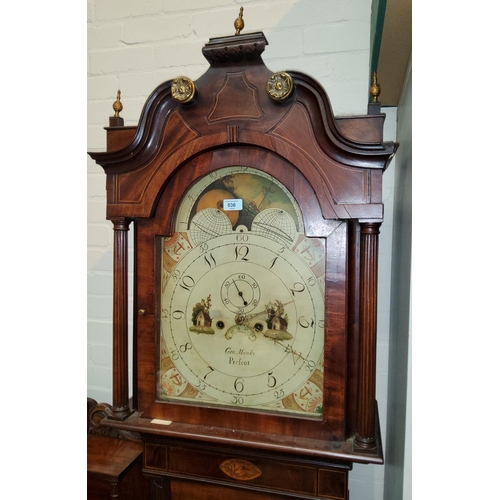 836 - A late 18th century longcase clock in figured mahogany case with boxwood line and Sheraton motif inl... 