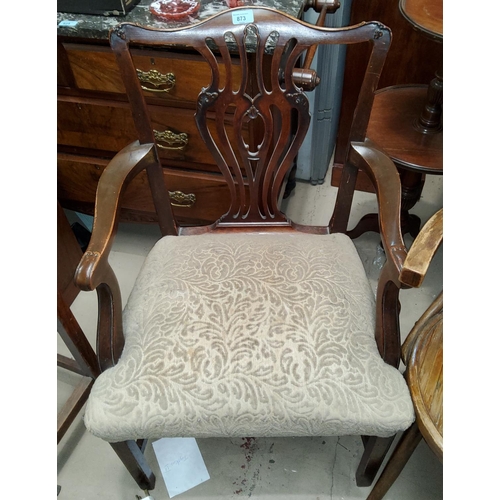 873 - A 19th century pair of mahogany Chippendale style armchairs with pierced vase splats and overstuffed... 