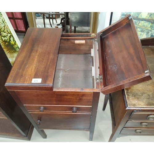 879 - A Georgian mahogany bedside cabinet with double hinged top drawer and cupboard