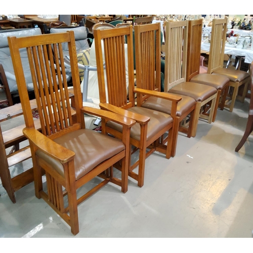 941 - A set of 6 (4+2) oak dining chairs after Frank Lloyd Wright with stick backs and stick sides (2 stri... 