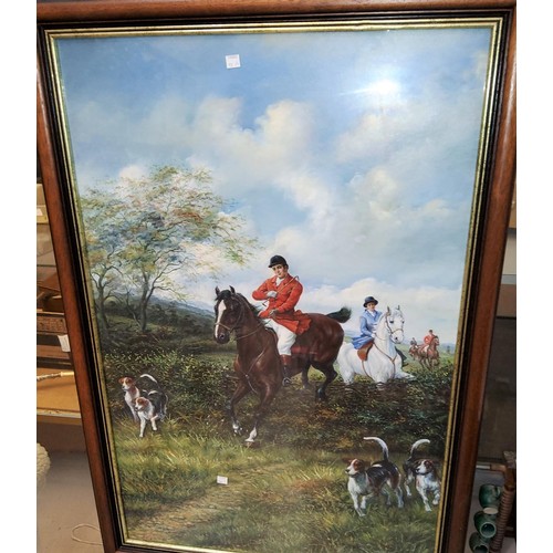 743a - Modern oil on canvas, hunting scene, male and females on horseback following a pack of hunting dogs,... 