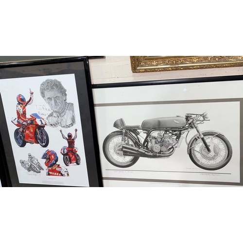 780 - A pencil signed print by Christoper Marshall of a 1966 Honda '6' RC-166; a signed Tribute to Carl Fo... 