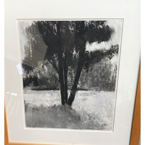 734A - A monochrome mixed charcoal and water colour picture of a tree, monogrammed D J M to lower left and ... 