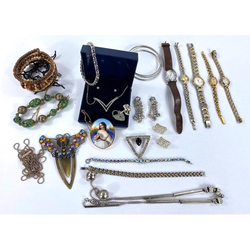 691 - A selection of Victorian and later, white metal and other costume jewellery including Blue John cuff... 