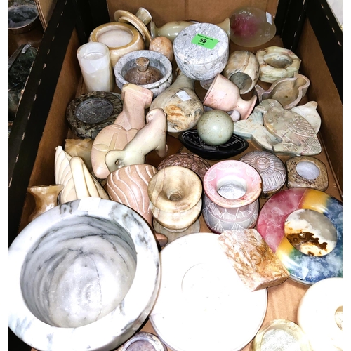 59 - A selection of carved and polished stoneware; metalware; etc.