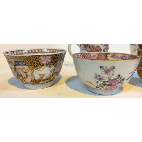 414 - A small set of Chinese cups and tea bowls, various decoration with some areas of restoration or dama... 