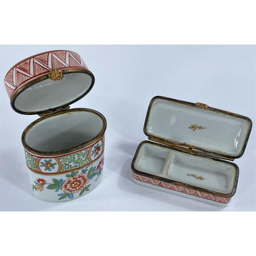 478 - Two pieces of hand painted French porcelain, a patch box and a sewing case, stamped Porcelain Vinemu... 