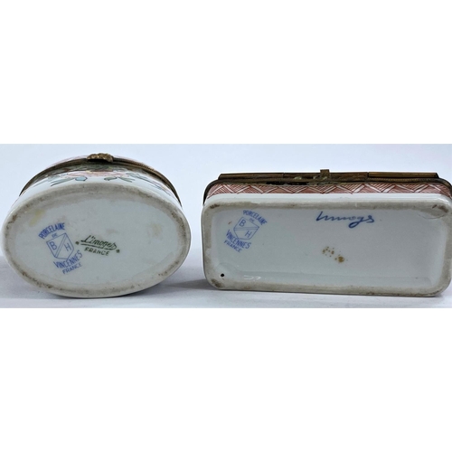 478 - Two pieces of hand painted French porcelain, a patch box and a sewing case, stamped Porcelain Vinemu... 