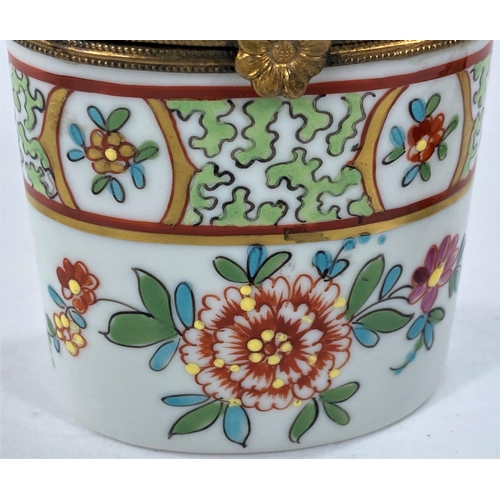 478 - Two pieces of hand painted French porcelain, a patch box and a sewing case, stamped Porcelain Vinemu... 