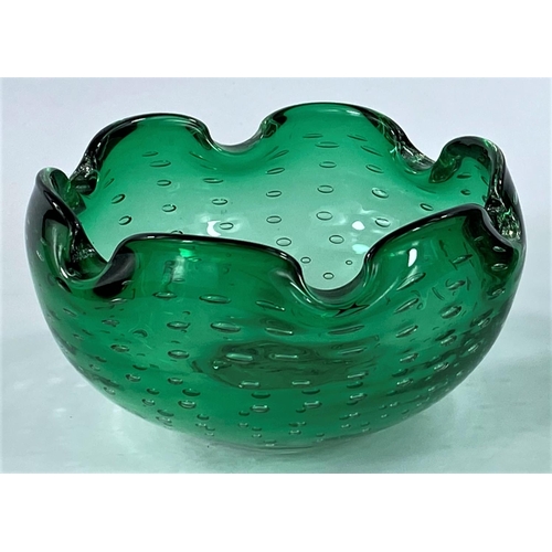 522 - A Whitefriar's bottle green puffer fish vase, height 14.5 cm; a similar coloured bowl with crimped r... 