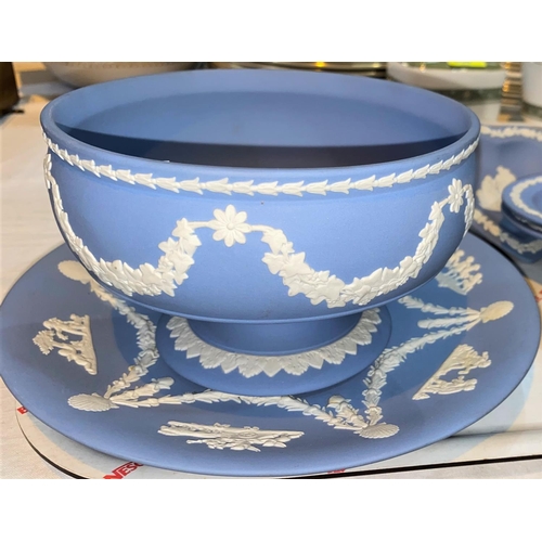 558 - A Royal Copenhagen 1976 Olympics plate; 14 pieces of Wedgwood blue jasperware, including 2 photo fra... 