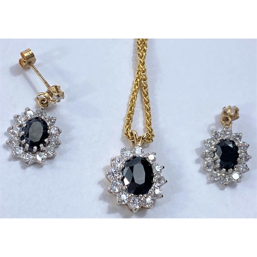 616 - A sapphire and simulated diamond cluster pendant and earring; a 9 carat hallmarked gold, chain weigh... 