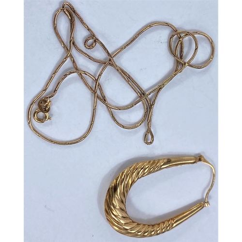 637 - A single 9ct hallmarked gold hoop earring; a 9ct hallmarked gold thin chain, total 5.1gms