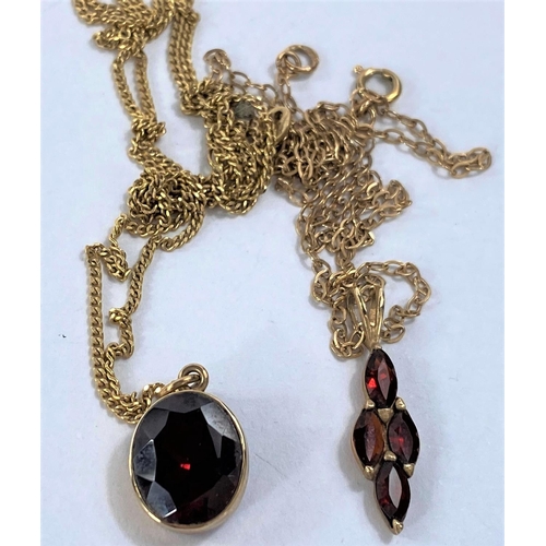 666 - A pendant set with oval facetted garnet coloured stone in 9ct hallmarked gold surround on fine chain... 