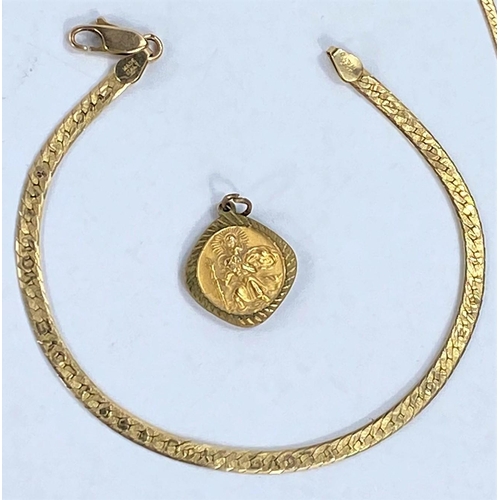 667 - A 9ct gold flattened link bracelet and necklace  and a fine chain, 7.95gms, a rolled gold St Ch... 