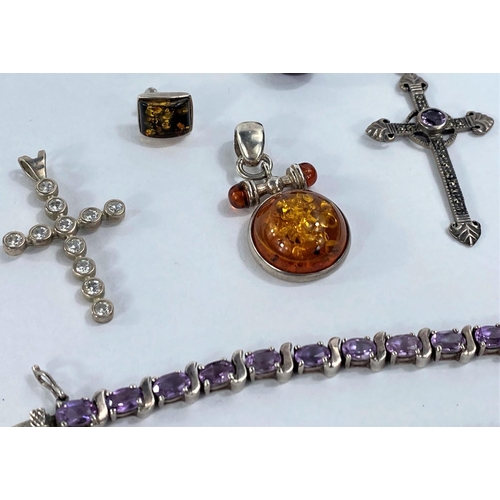 694 - A selection of silver and white metal costume jewellery:  gem set rings; necklaces; pendants; e... 