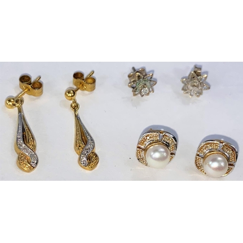 710 - A pair of pearl set earrings, stamped '375'; 2 other pairs of earrings