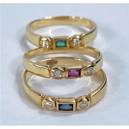 712 - A suite of 3 yellow metal dress rings, stamped '585', each set rectangular sapphire size O/emerald s... 