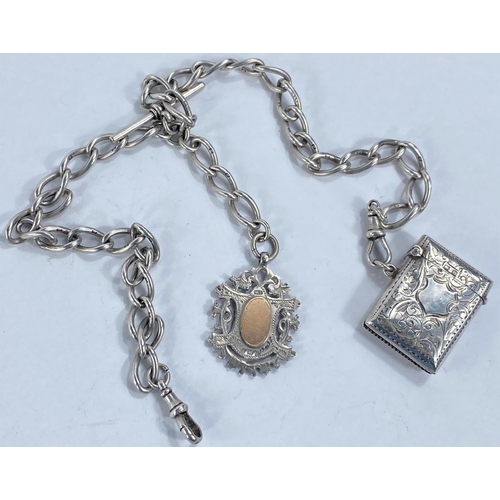 759A - A hallmarked silver Albert chain with enamelled medallion and hallmarked silver vesta case attached,... 