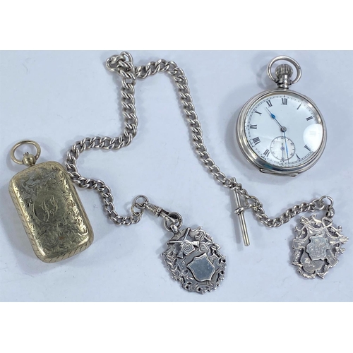 759B - A hallmarked silver open face pocket watch with hallmarked silver Albert chain with two medallions a... 