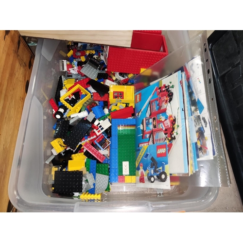 228 - A home-made Lego box with compartments for various Lego pieces and a selection of loose pieces