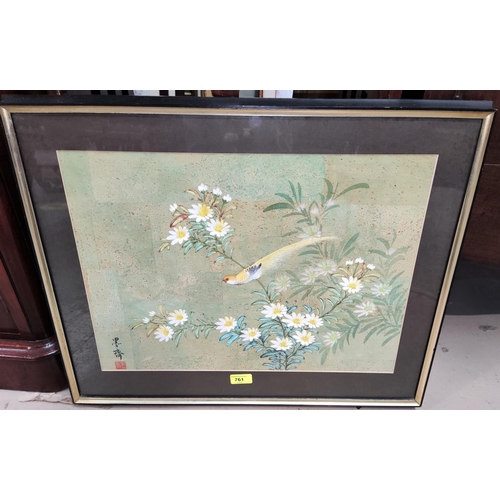 761 - Chinese/Japanese School:  Exotic bird on flowering shrub, watercolour on sectional cork panel, ... 