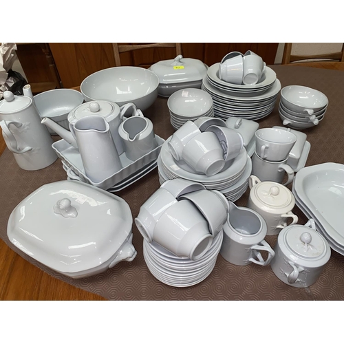 611 - A pale blue dinner and tea service, unmarked, possibly Spode, 70 pieces approx