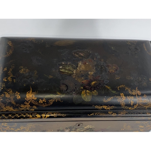 330 - A mid Victorian painted black lacquer 2 division tea caddy with shell inlay and original cut glass b... 