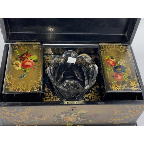 330 - A mid Victorian painted black lacquer 2 division tea caddy with shell inlay and original cut glass b... 