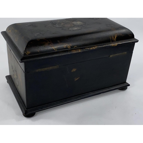 330 - A mid Victorian painted black lacquer 2 division tea caddy with shell inlay and original cut glass b... 