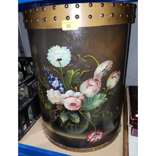 36 - A vintage semi-circular storage bin, hand painted; a lacquer box (a.f.); a tin box; a roll top plast... 
