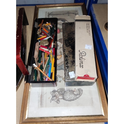 36 - A vintage semi-circular storage bin, hand painted; a lacquer box (a.f.); a tin box; a roll top plast... 