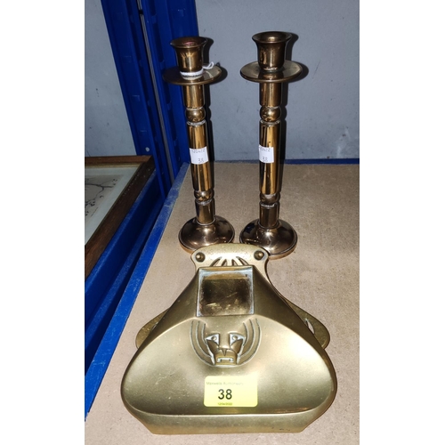 38 - An Art Nouveau style brass double inkwell; a pair of brass candlesticks; a brass inkbottle tray
