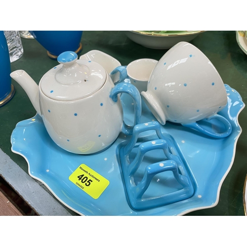 405 - A Royal Winton turquoise & cream polka dot 'Tea for Two' set; a miniature floral 'Tea for One' s... 