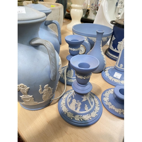 442 - A Wedgwood Jasperware biscuit barrel with EPNS mount, jardiniere, 2 lamp bases are Dudson