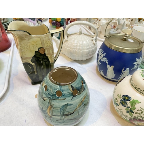 568 - A Belleek teapot; a Wedgwood blue jasper biscuit barrel; Royal Doulton; Mason's; etc.