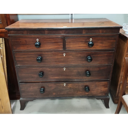 820 - A 19th century mahogany bow front chest of 3 long and 2 short drawers with turned knob handles, on b... 