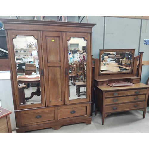 845 - An Edwardian 3 piece bedroom suite com prising double mirror door wardrobe, dressing chest and washs... 