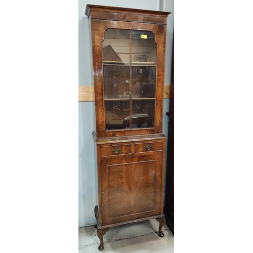 889 - A mahogany tall thin display cabinet with glazed single door above, 2 drawers and cupboard below on ... 