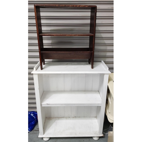 898 - A 1930's oak work table; a white bookcase & a small bookcase/magazine rack.