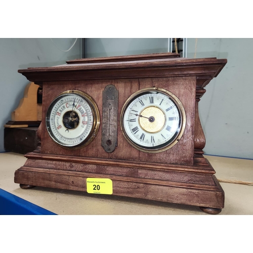 20 - A mantel clock and barometer in stained wood case, no thermometer