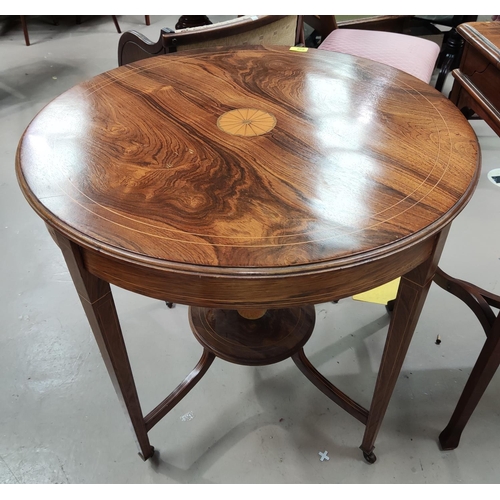 859 - An Edwardian, inlaid rosewood circular occasional table with circular shelf underneath, on tapering ... 