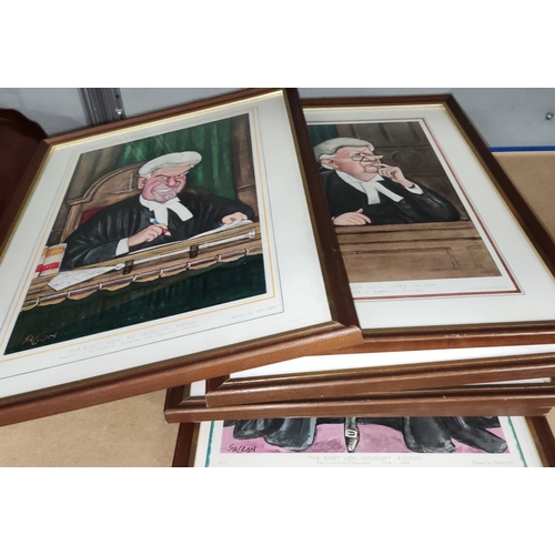 141 - A signed limited edition print after Geldart of a cattle  auction, 10 Sallon prints of cartoon judge... 