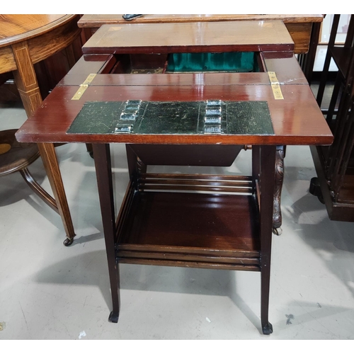 818 - An inlaid mahogany sewing box table with shelf below