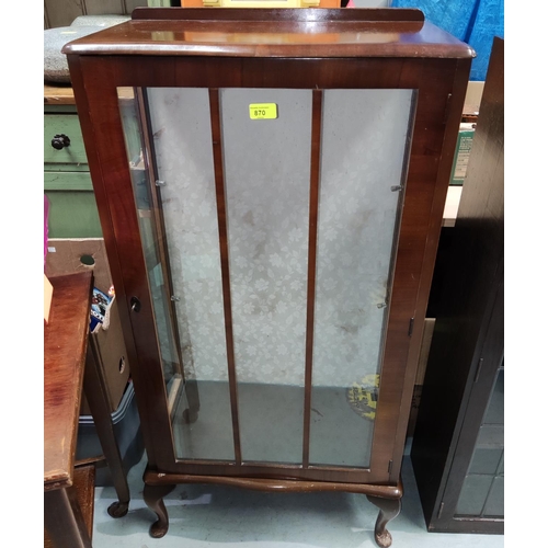 870 - A small walnut display cabinet with single door and cabriole legs; a bookcase enclosed by twin leade... 