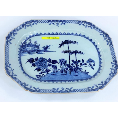 413 - A Chinese Qianlong period platter, canted rectangular form decorated in blue & white, length 35 ... 