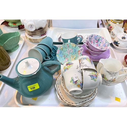 536 - A Shelley Harlequin part tea set of 11 pieces; a 1950's Poole part tea set; an Art Deco part tea set... 