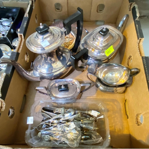 682 - A silver plated 4 piece tea set; silver plate; cutlery; novelty teaspoons and tongs; etc.